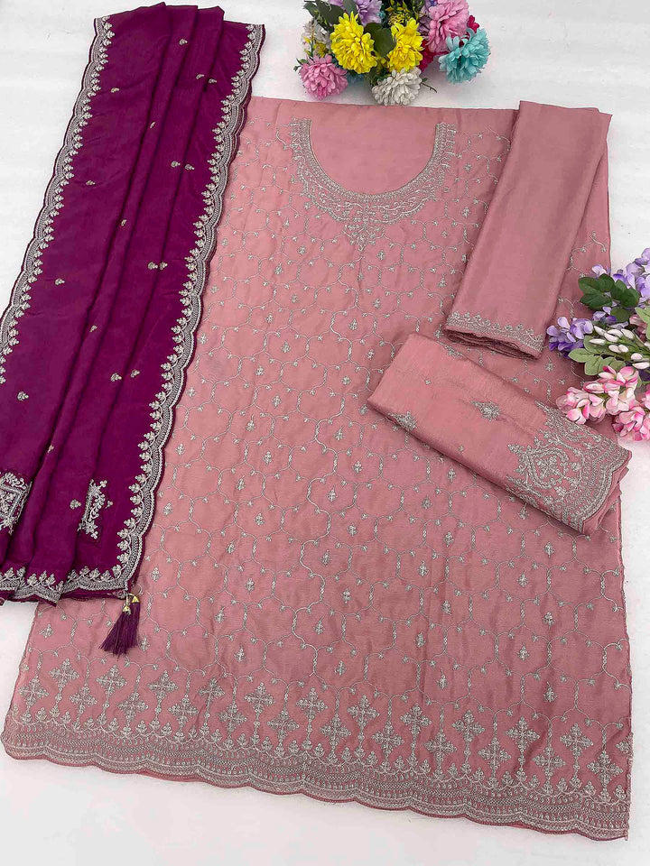 Rose Chinon Embroidered Semi Stitched Straight Kurta With Flared Sharara &amp; Dupatta