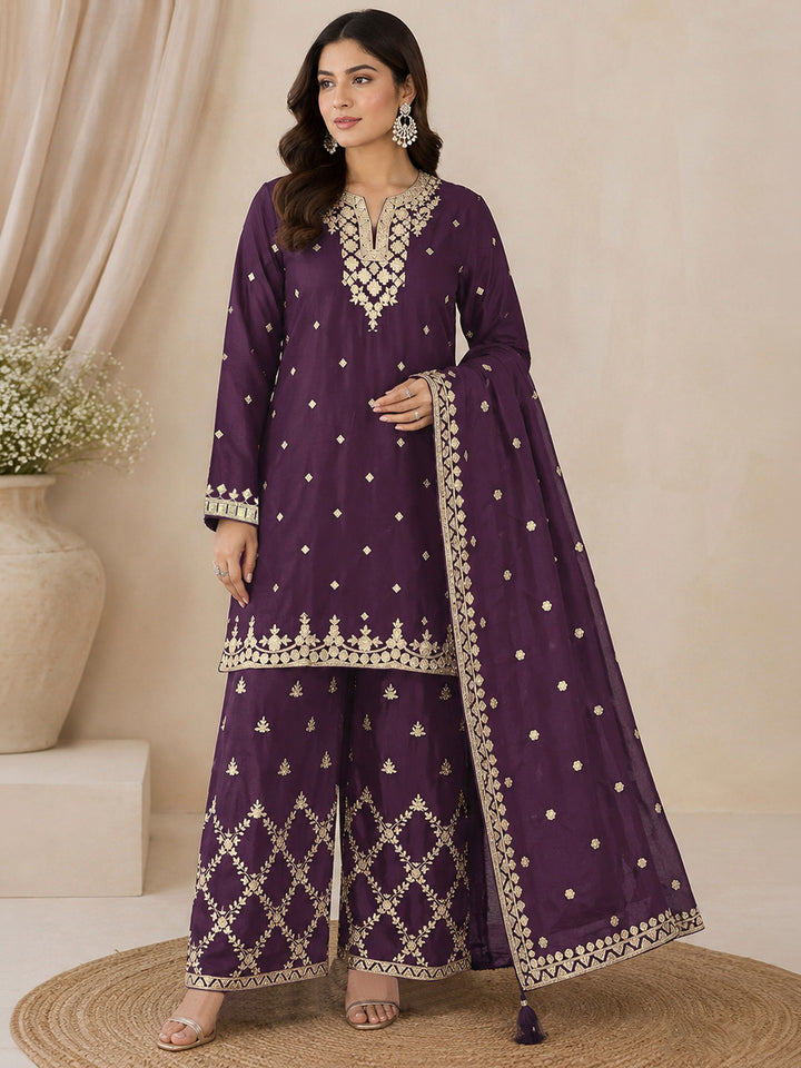 Wine Chinon Embroidered Semi Stitched Straight Kurta With Palazzo &amp; Dupatta