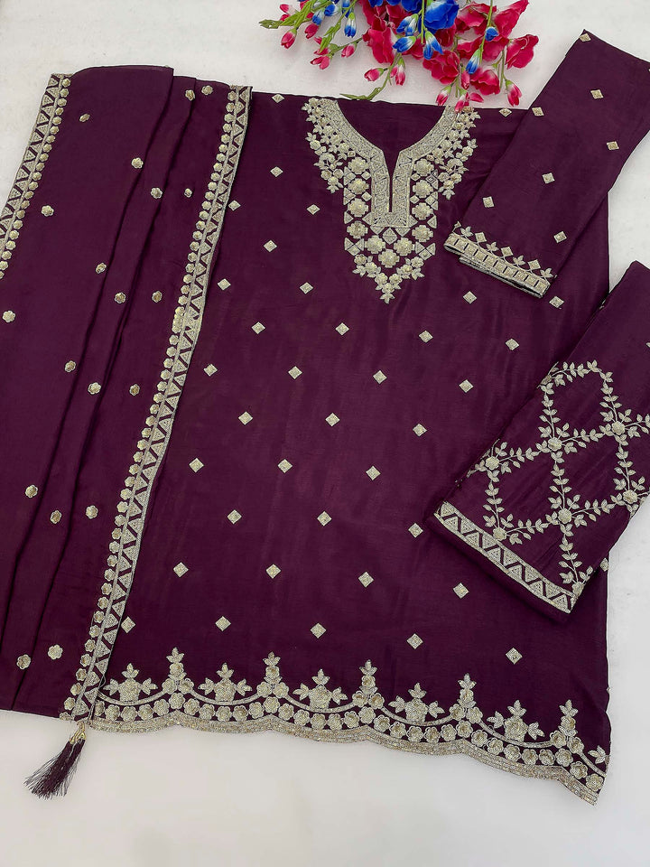 Wine Chinon Embroidered Semi Stitched Straight Kurta With Palazzo &amp; Dupatta