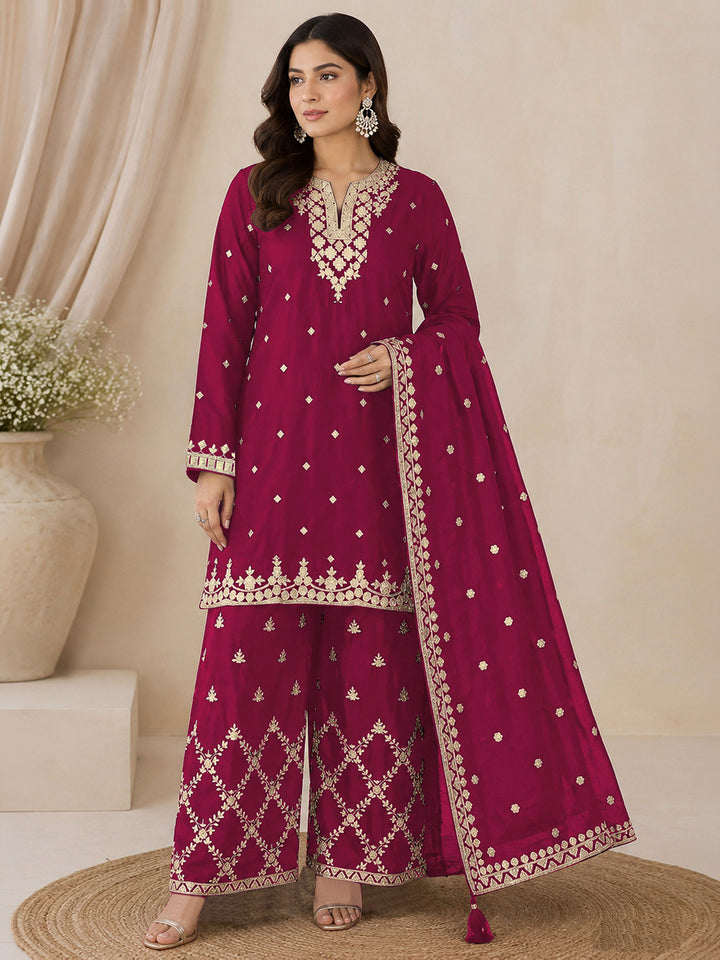 Rani Chinon Embroidered Semi Stitched Straight Kurta With Palazzo &amp; Dupatta