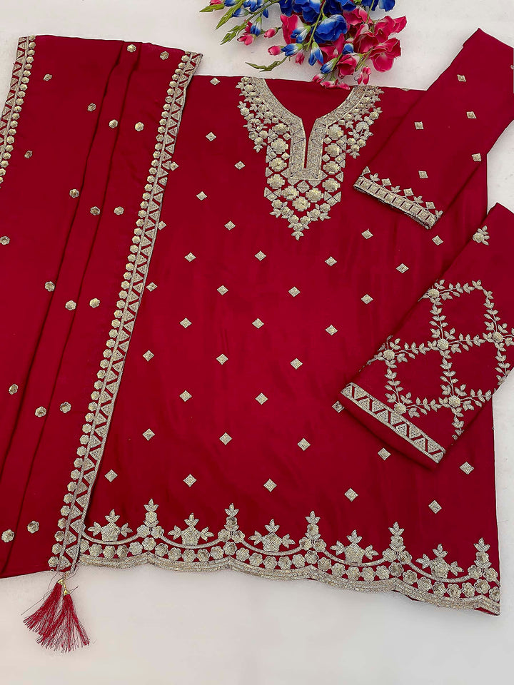Rani Chinon Embroidered Semi Stitched Straight Kurta With Palazzo &amp; Dupatta