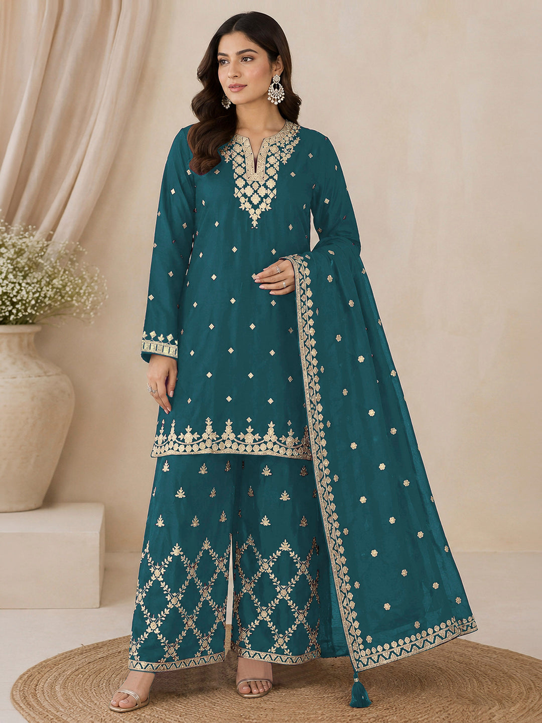 Teal Blue Chinon Embroidered Semi Stitched Straight Kurta With Palazzo &amp; Dupatta