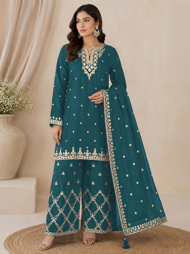 Teal Blue Chinon Embroidered Semi Stitched Straight Kurta With Palazzo &amp; Dupatta