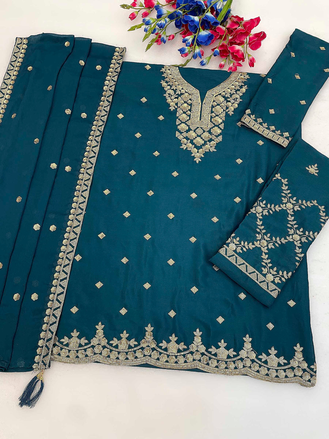 Teal Blue Chinon Embroidered Semi Stitched Straight Kurta With Palazzo &amp; Dupatta