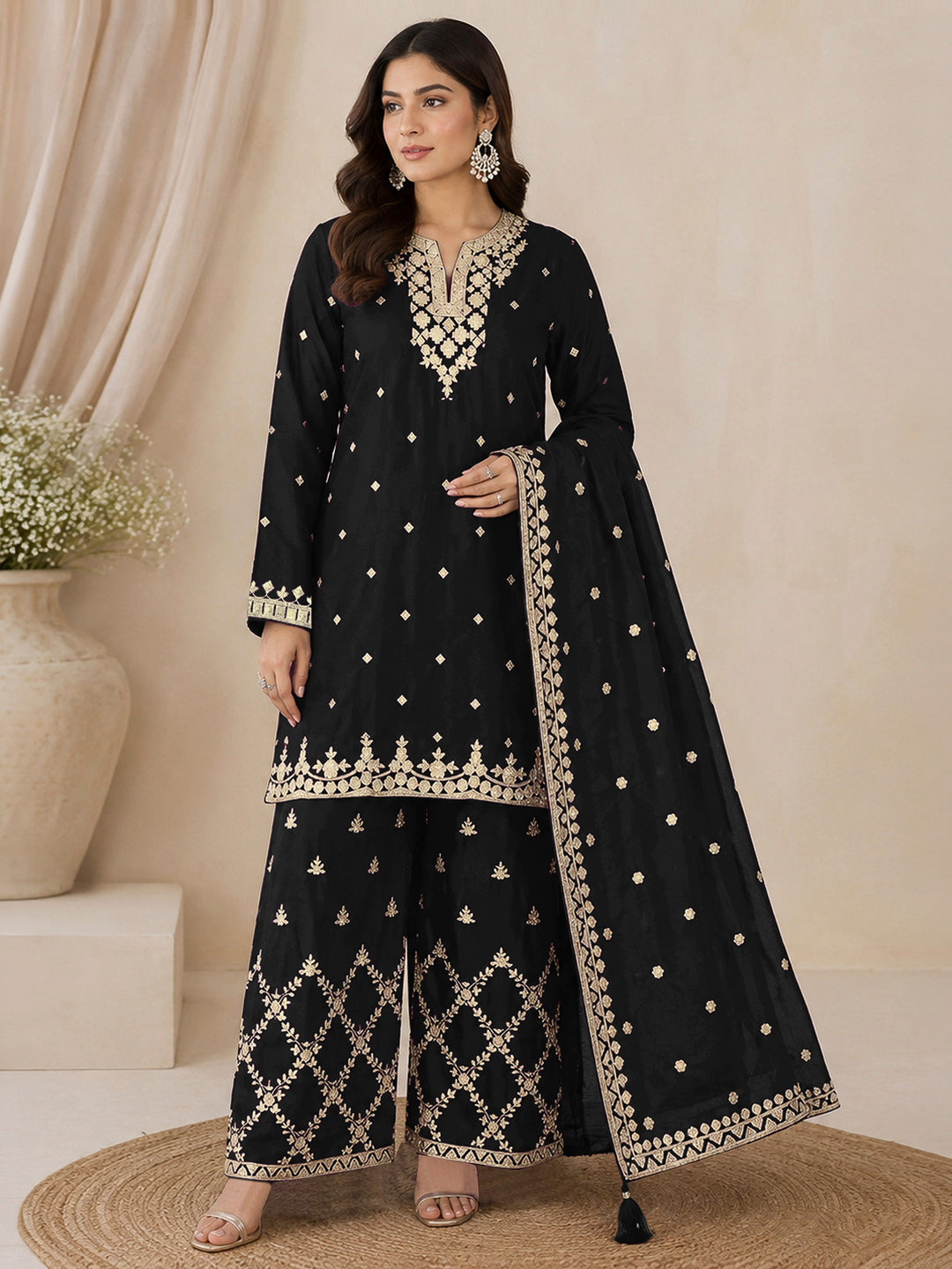 Black Chinon Embroidered Semi Stitched Straight Kurta With Palazzo &amp; Dupatta