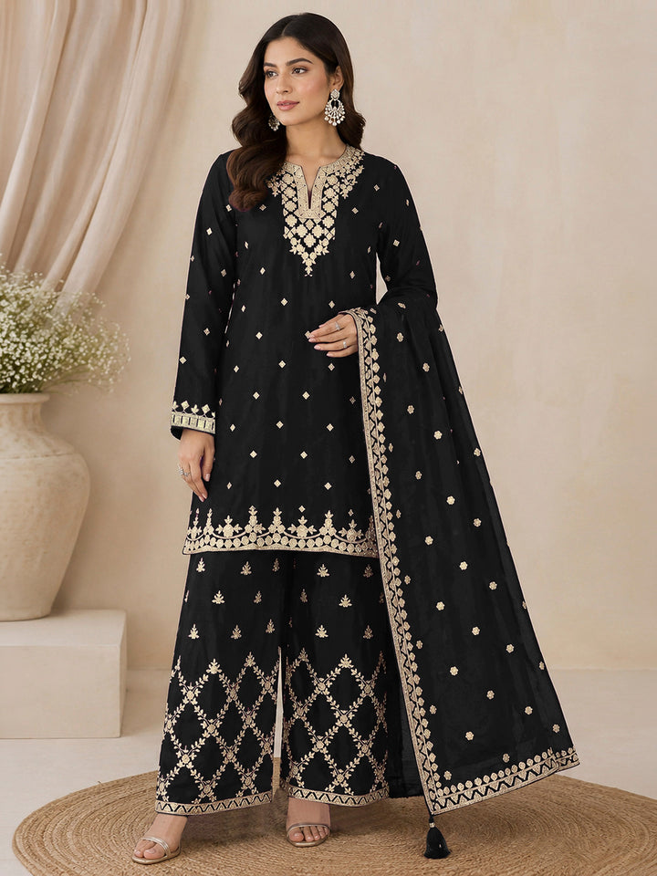 Black Chinon Embroidered Semi Stitched Straight Kurta With Palazzo &amp; Dupatta