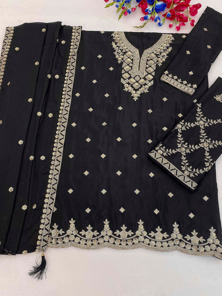 Black Chinon Embroidered Semi Stitched Straight Kurta With Palazzo &amp; Dupatta