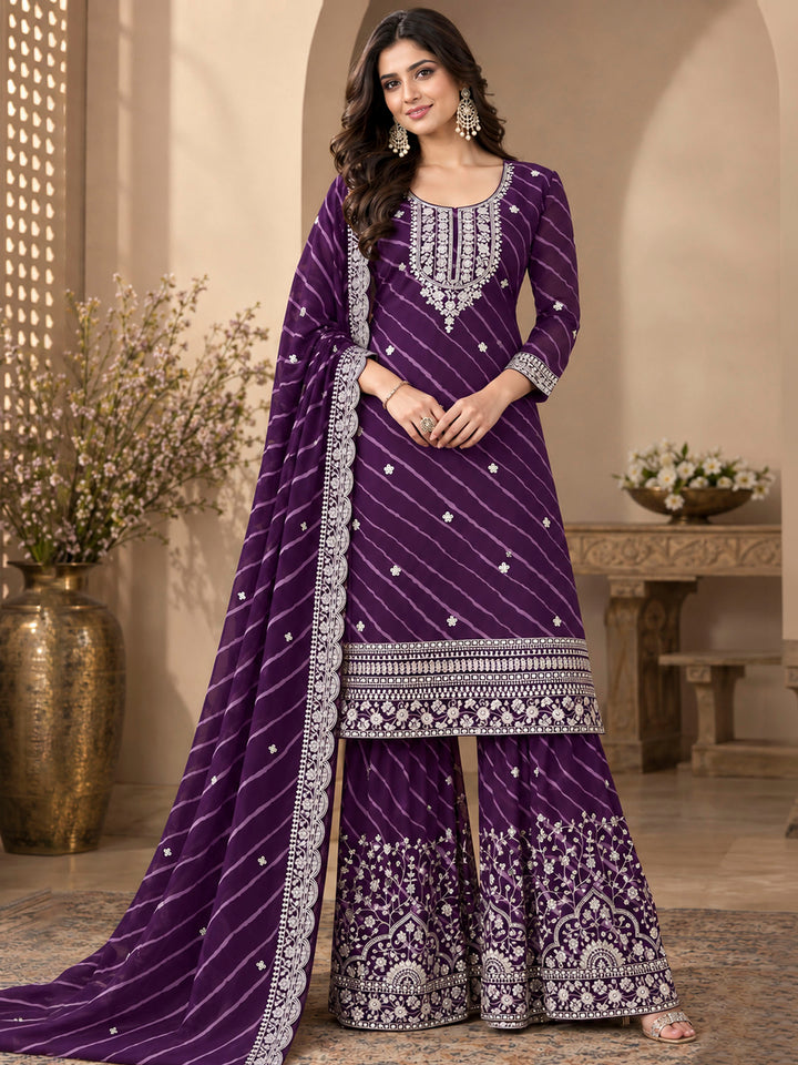 Purple Georgette Embroidered Semi Stitched Straight Kurta With Flared Sharara &amp; Dupatta