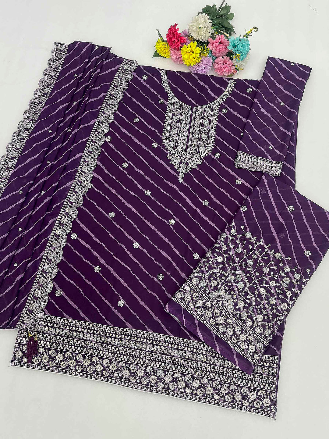 Purple Georgette Embroidered Semi Stitched Straight Kurta With Flared Sharara &amp; Dupatta