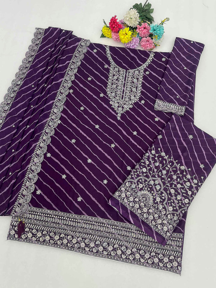 Purple Georgette Embroidered Semi Stitched Straight Kurta With Flared Sharara &amp; Dupatta