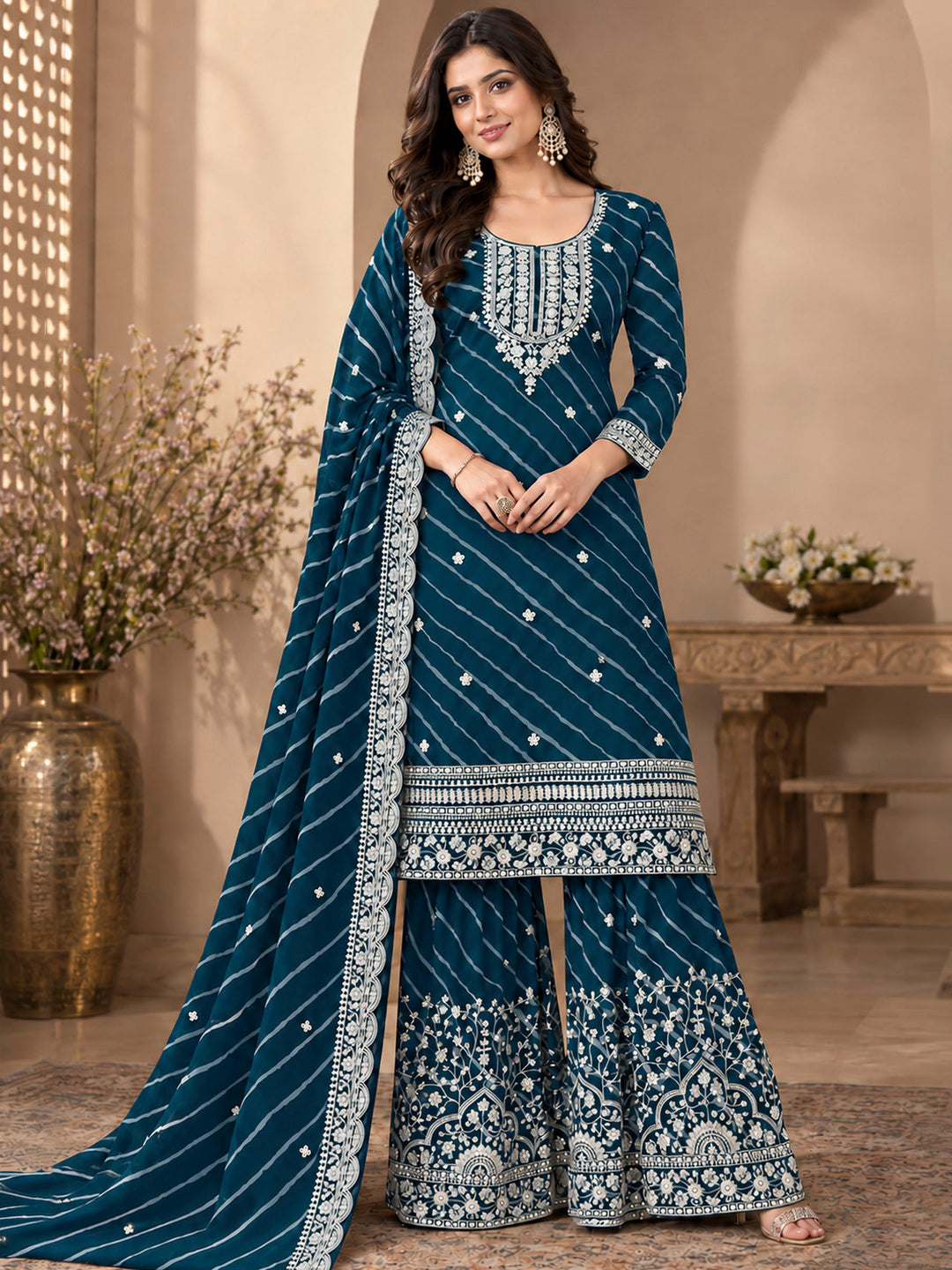 Teal Blue Georgette Embroidered Semi Stitched Straight Kurta With Flared Sharara &amp; Dupatta