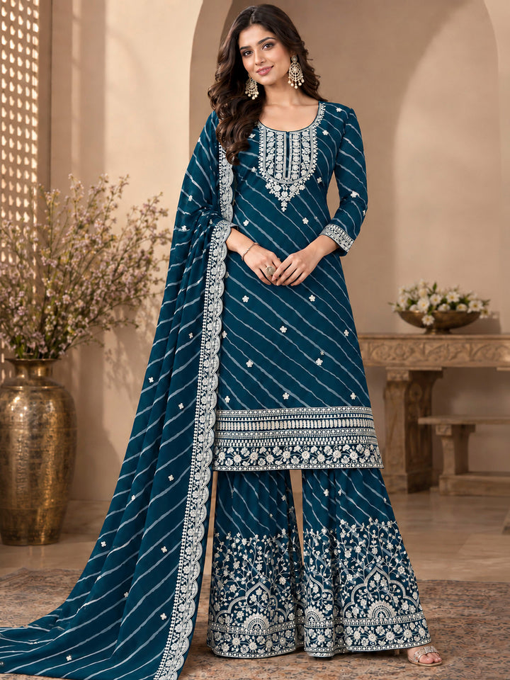 Teal Blue Georgette Embroidered Semi Stitched Straight Kurta With Flared Sharara &amp; Dupatta