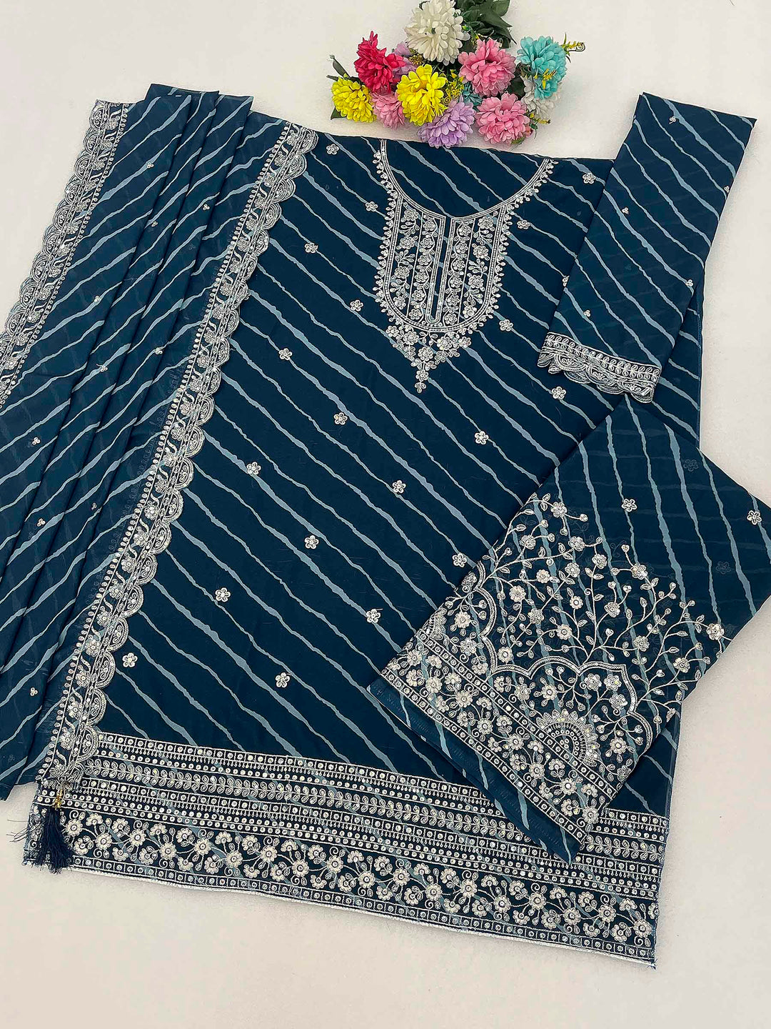 Teal Blue Georgette Embroidered Semi Stitched Straight Kurta With Flared Sharara &amp; Dupatta