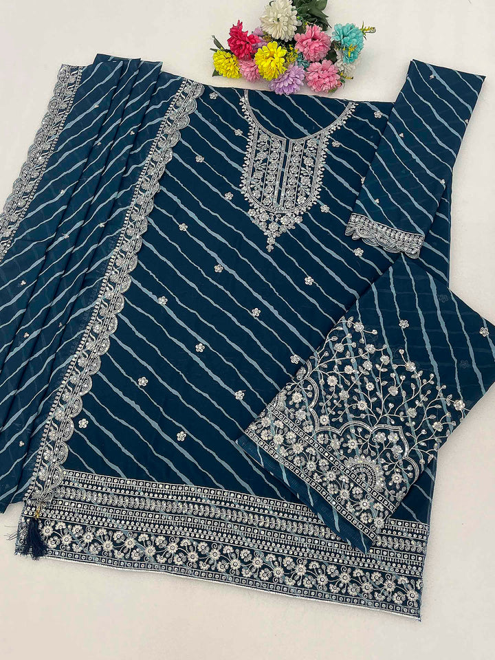 Teal Blue Georgette Embroidered Semi Stitched Straight Kurta With Flared Sharara &amp; Dupatta