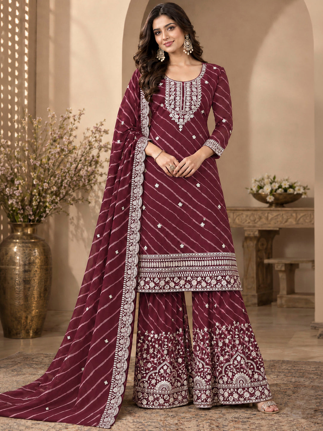 Maroon Georgette Embroidered Semi Stitched Straight Kurta With Flared Sharara &amp; Dupatta