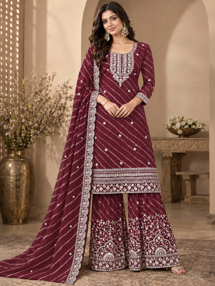 Maroon Georgette Embroidered Semi Stitched Straight Kurta With Flared Sharara &amp; Dupatta