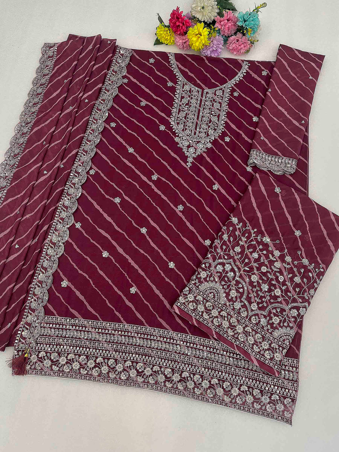 Maroon Georgette Embroidered Semi Stitched Straight Kurta With Flared Sharara &amp; Dupatta