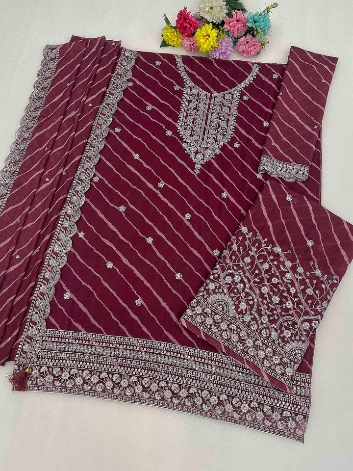 Maroon Georgette Embroidered Semi Stitched Straight Kurta With Flared Sharara &amp; Dupatta