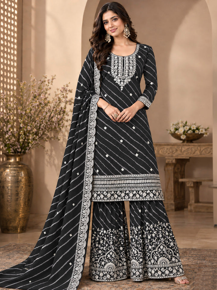 Black Georgette Embroidered Semi Stitched Straight Kurta With Flared Sharara &amp; Dupatta