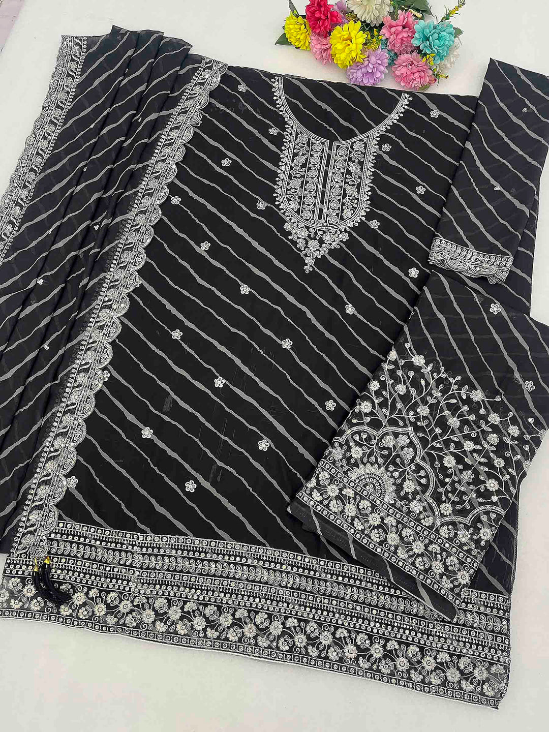 Black Georgette Embroidered Semi Stitched Straight Kurta With Flared Sharara &amp; Dupatta