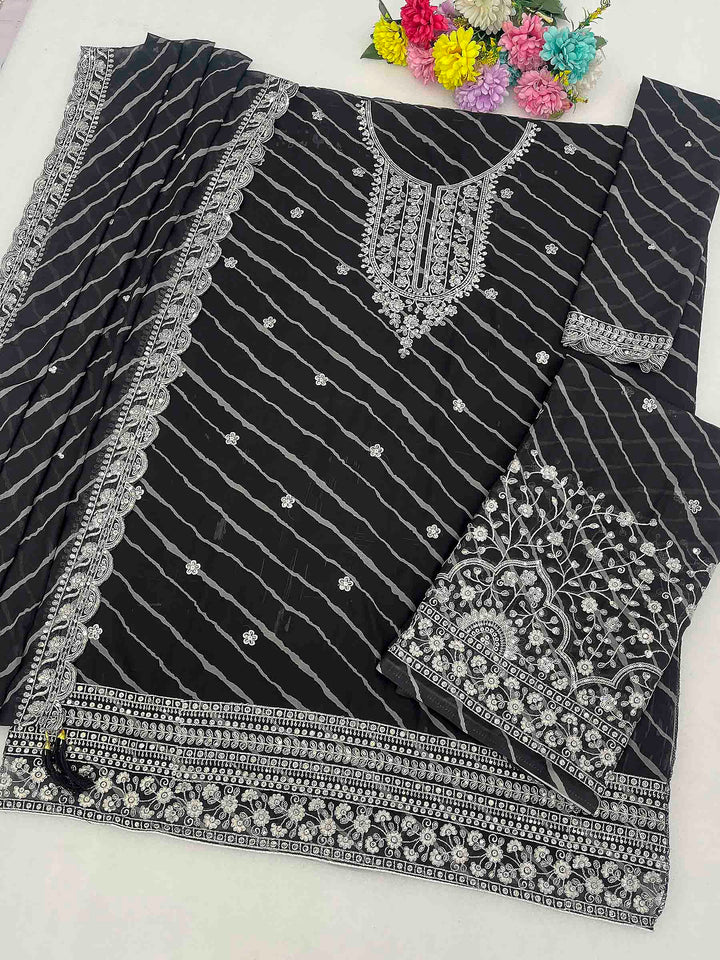 Black Georgette Embroidered Semi Stitched Straight Kurta With Flared Sharara &amp; Dupatta