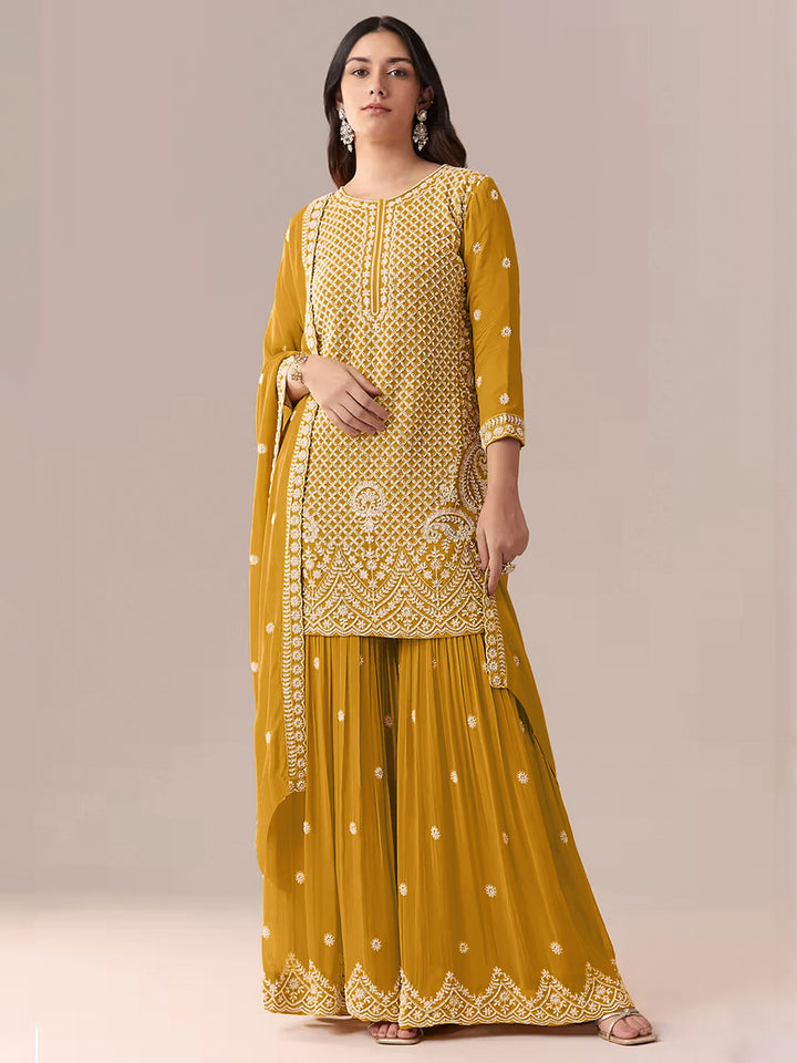 Mustard Georgette Embroidered Semi Stitched Straight Kurta With Flared Sharara &amp; Dupatta