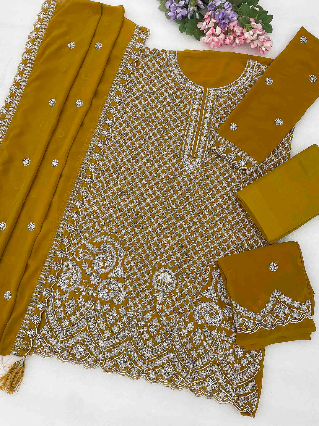 Mustard Georgette Embroidered Semi Stitched Straight Kurta With Flared Sharara &amp; Dupatta
