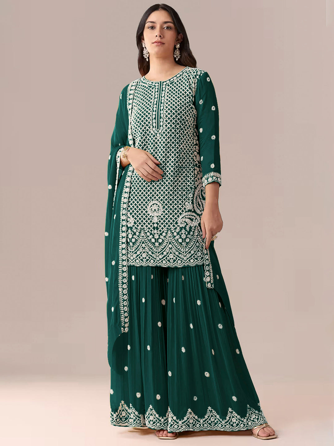 Emerald-Green Georgette Embroidered Semi Stitched Straight Kurta With Flared Sharara &amp; Dupatta