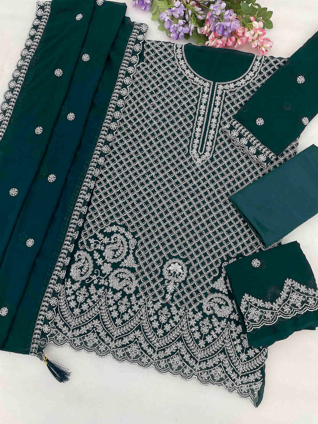Emerald-Green Georgette Embroidered Semi Stitched Straight Kurta With Flared Sharara &amp; Dupatta