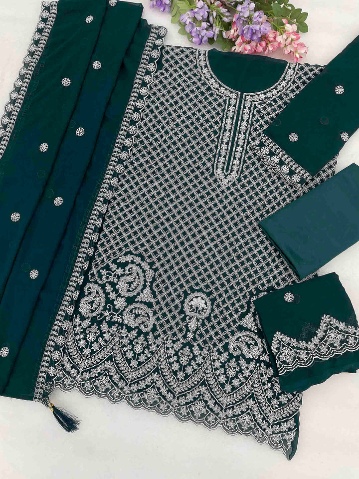 Emerald-Green Georgette Embroidered Semi Stitched Straight Kurta With Flared Sharara &amp; Dupatta