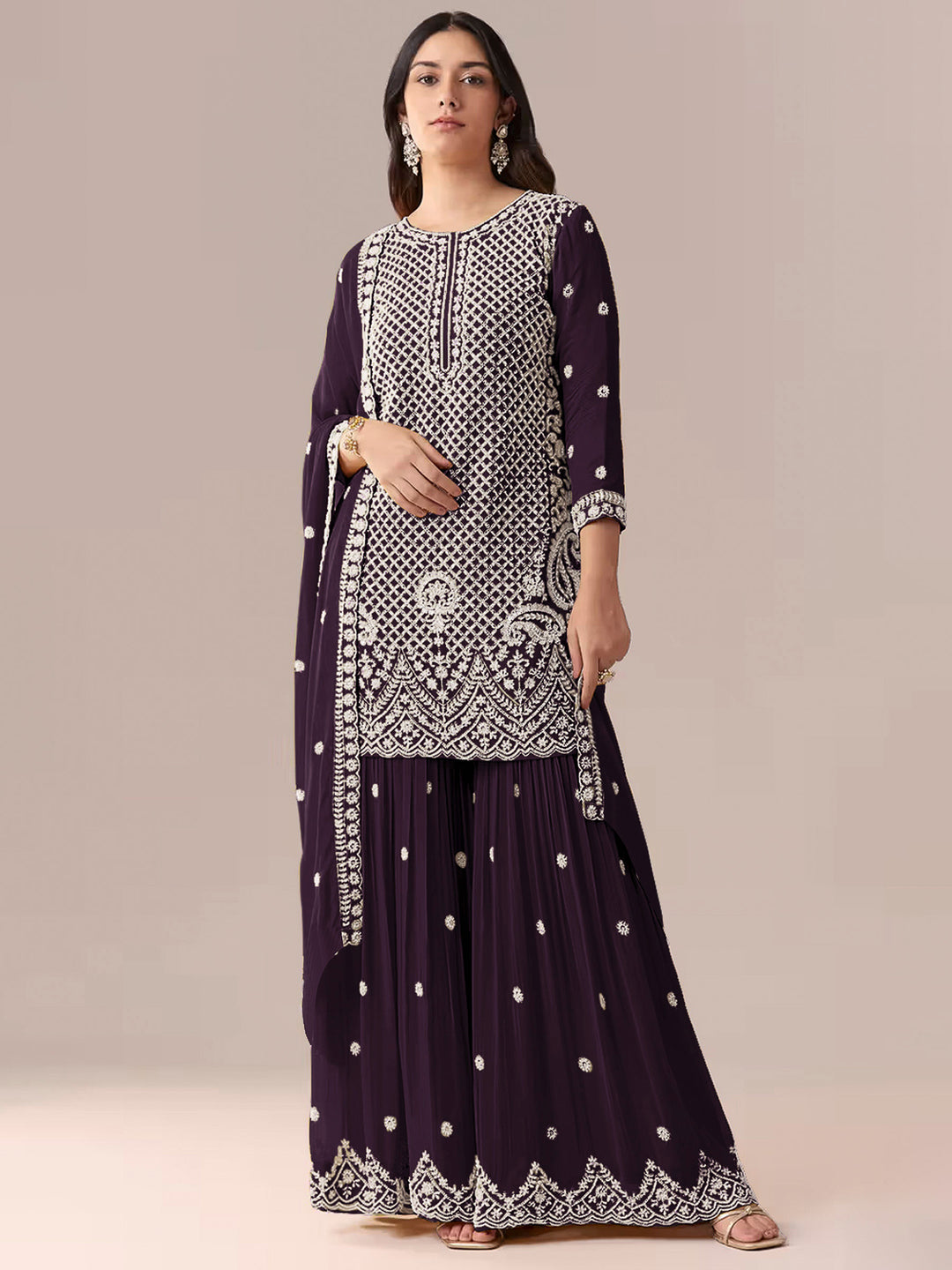 Wine Georgette Embroidered Semi Stitched Straight Kurta With Flared Sharara &amp; Dupatta