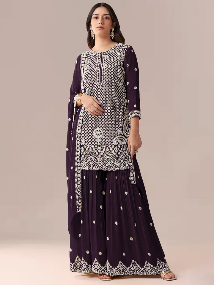 Wine Georgette Embroidered Semi Stitched Straight Kurta With Flared Sharara &amp; Dupatta