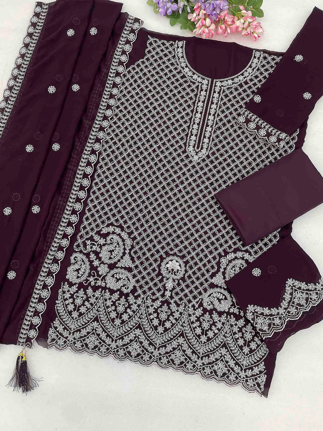 Wine Georgette Embroidered Semi Stitched Straight Kurta With Flared Sharara &amp; Dupatta