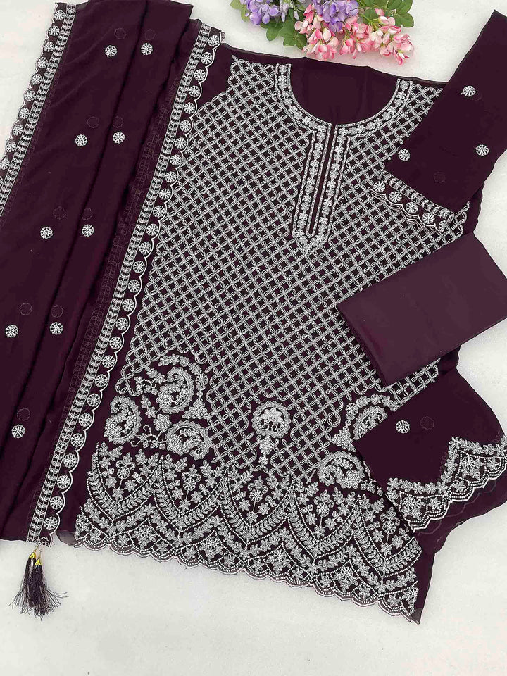 Wine Georgette Embroidered Semi Stitched Straight Kurta With Flared Sharara &amp; Dupatta