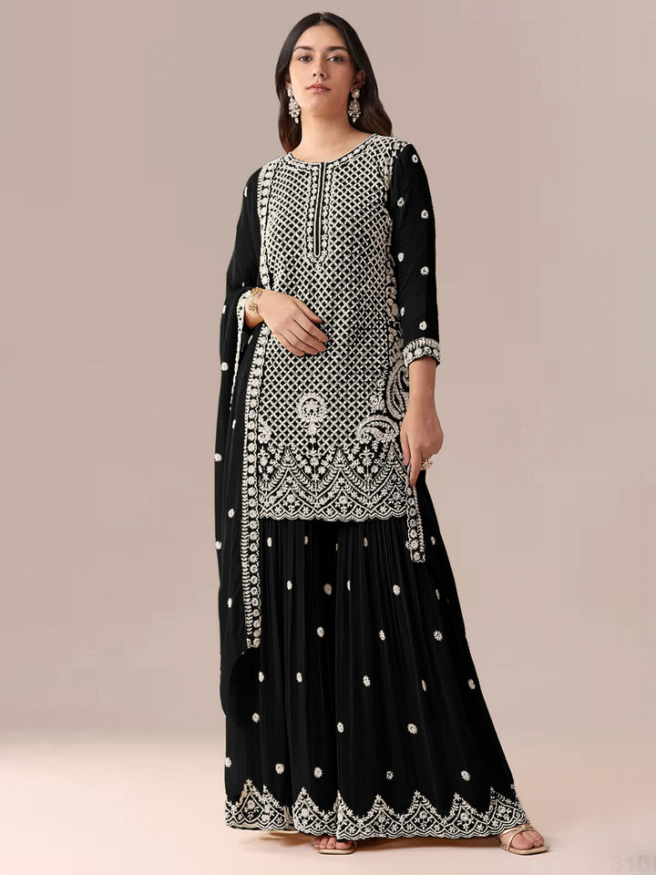 Black Georgette Embroidered Semi Stitched Straight Kurta With Flared Sharara &amp; Dupatta