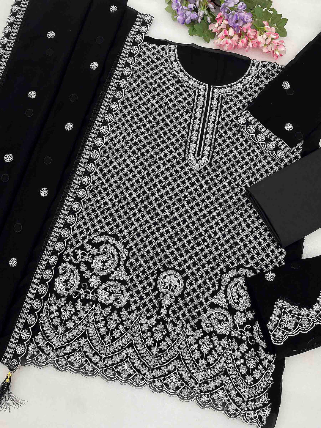 Black Georgette Embroidered Semi Stitched Straight Kurta With Flared Sharara &amp; Dupatta