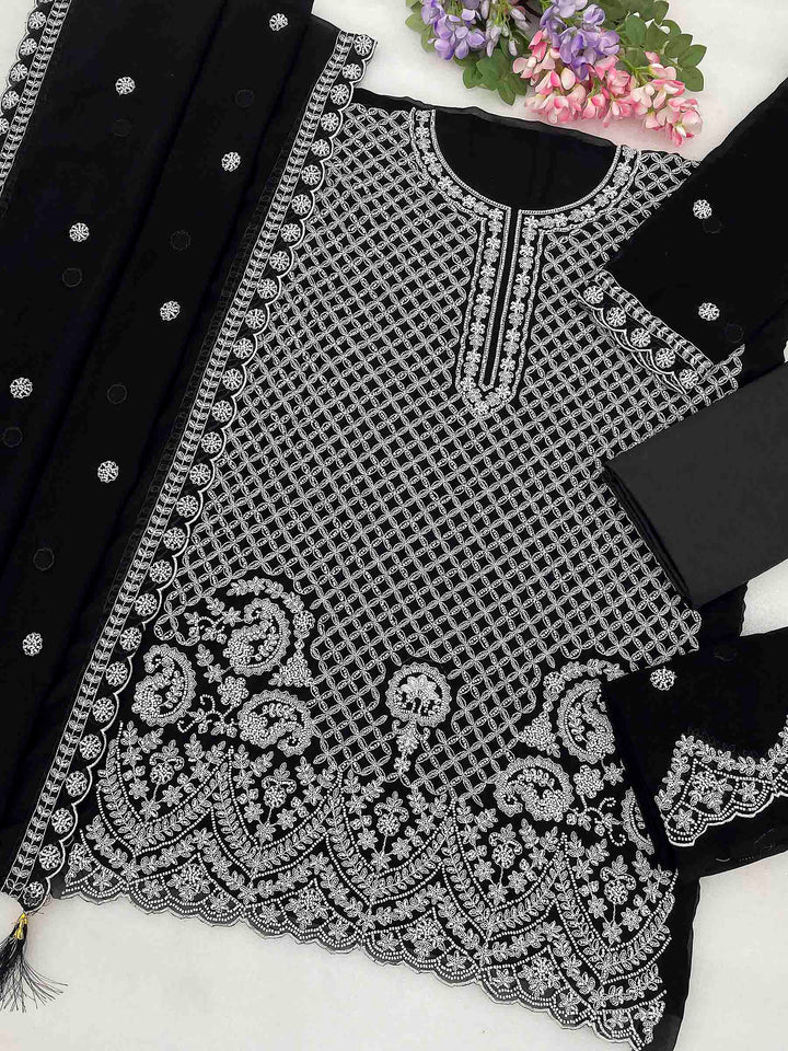 Black Georgette Embroidered Semi Stitched Straight Kurta With Flared Sharara &amp; Dupatta