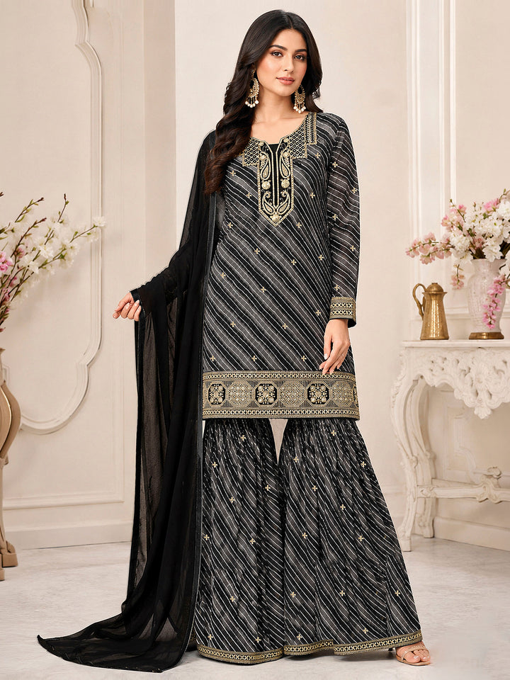 Black Georgette Hand Work Semi Stitched Straight Kurta With Flared Sharara &amp; Dupatta