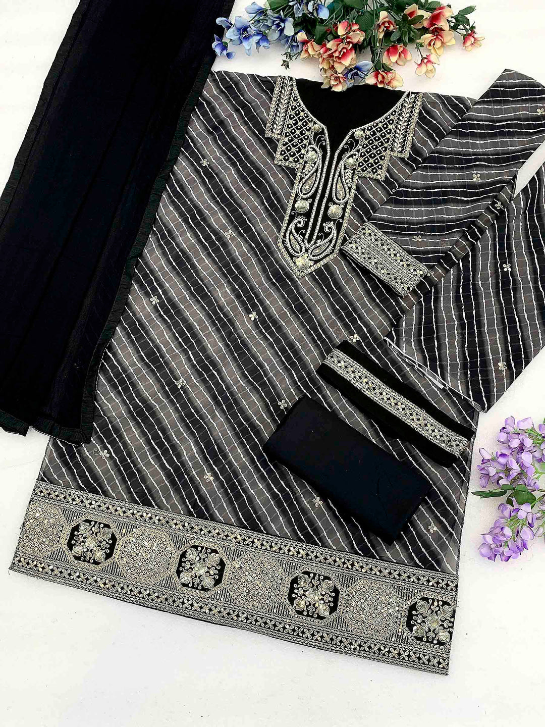 Black Georgette Hand Work Semi Stitched Straight Kurta With Flared Sharara &amp; Dupatta
