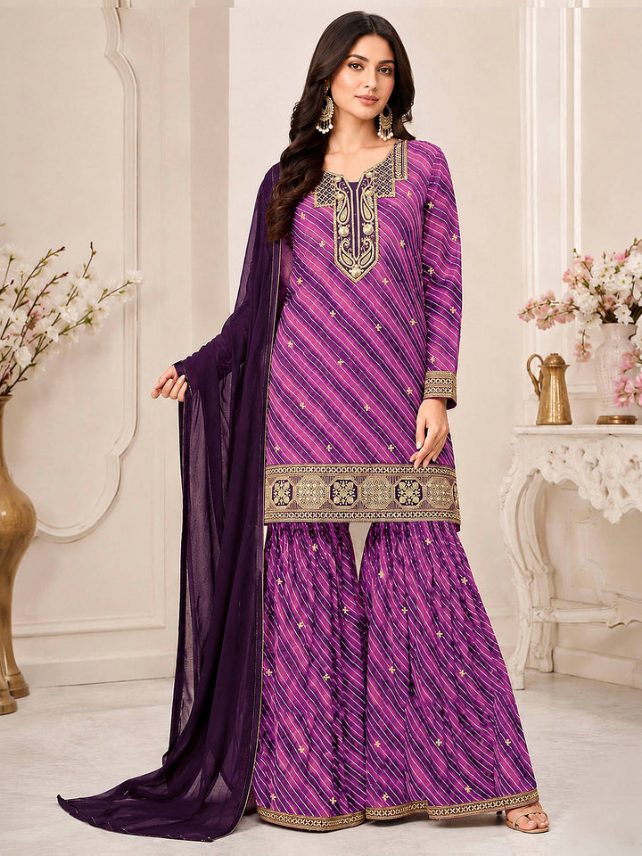 Purple Georgette Hand Work Semi Stitched Straight Kurta With Flared Sharara &amp; Dupatta