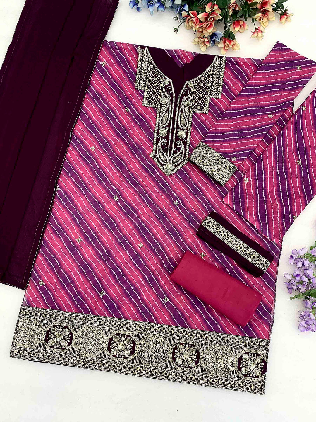 Purple Georgette Hand Work Semi Stitched Straight Kurta With Flared Sharara &amp; Dupatta