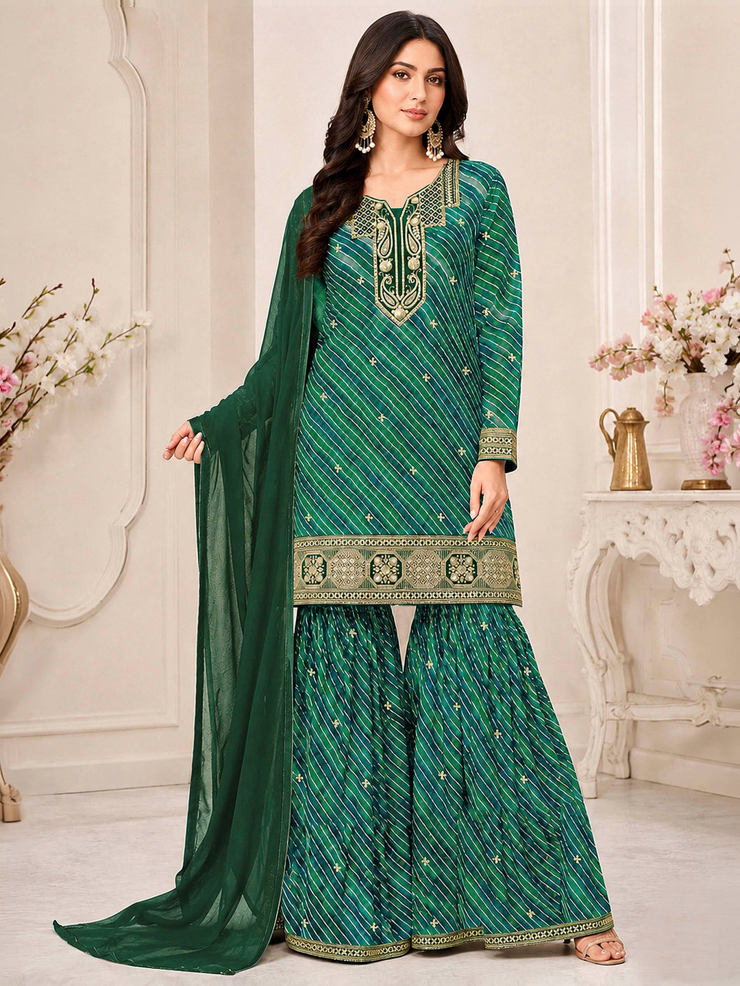 Emerald-Green Georgette Hand Work Semi Stitched Straight Kurta With Flared Sharara &amp; Dupatta