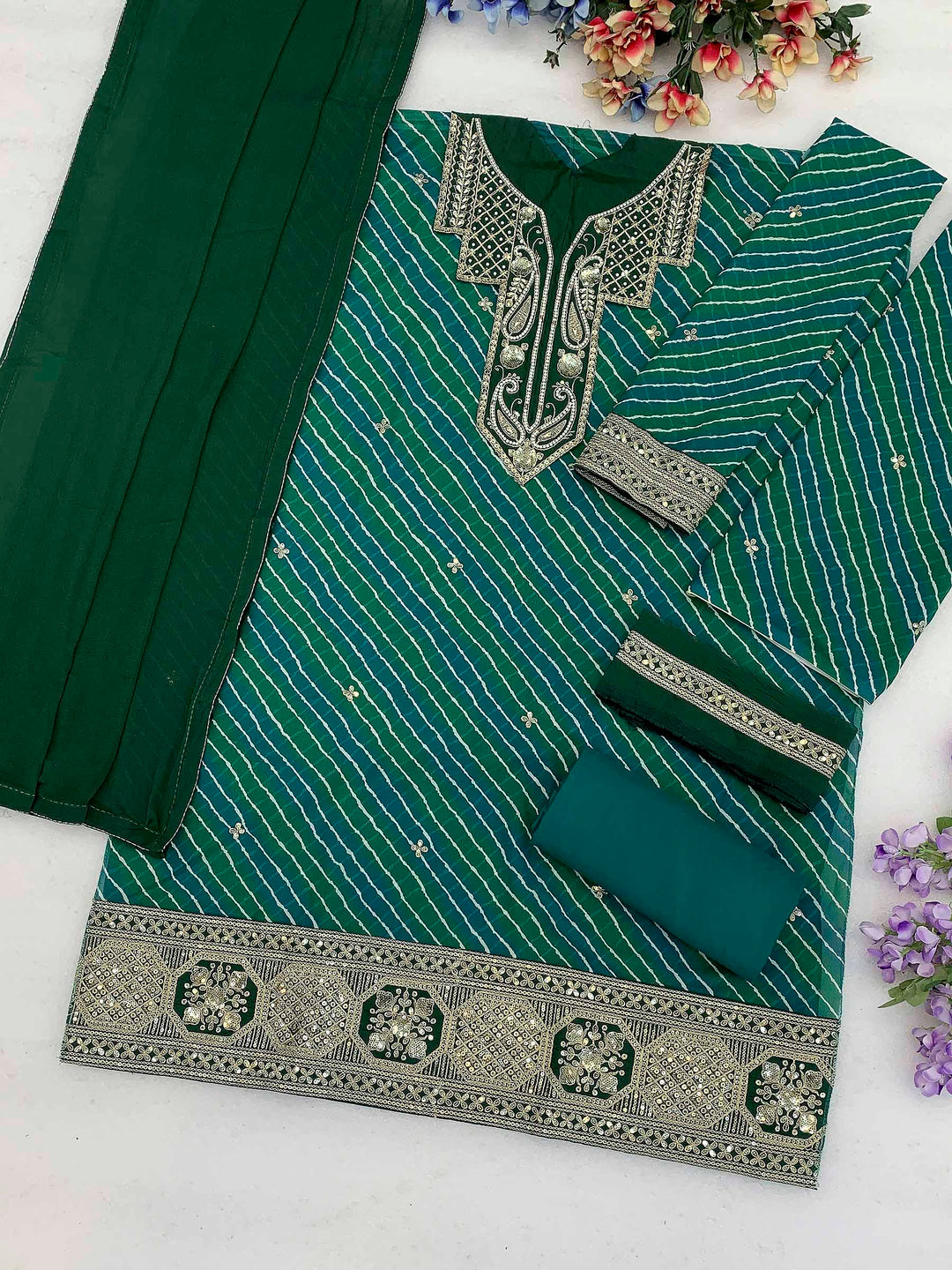 Emerald-Green Georgette Hand Work Semi Stitched Straight Kurta With Flared Sharara &amp; Dupatta