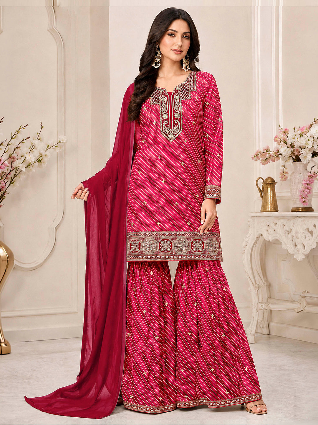 Magenta Georgette Hand Work Semi Stitched Straight Kurta With Flared Sharara &amp; Dupatta