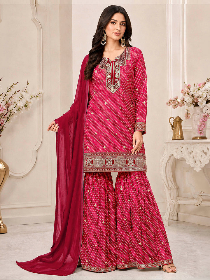 Magenta Georgette Hand Work Semi Stitched Straight Kurta With Flared Sharara &amp; Dupatta