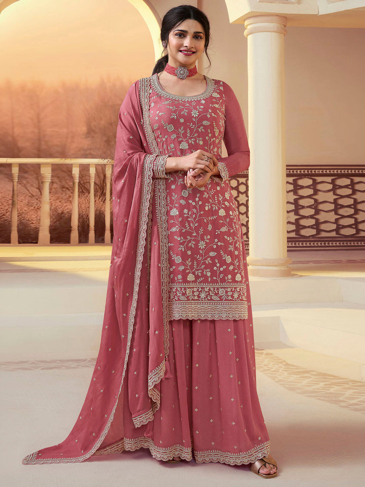 Peach Chinon Embroidered Semi Stitched Straight Kurta With Flared Sharara &amp; Dupatta