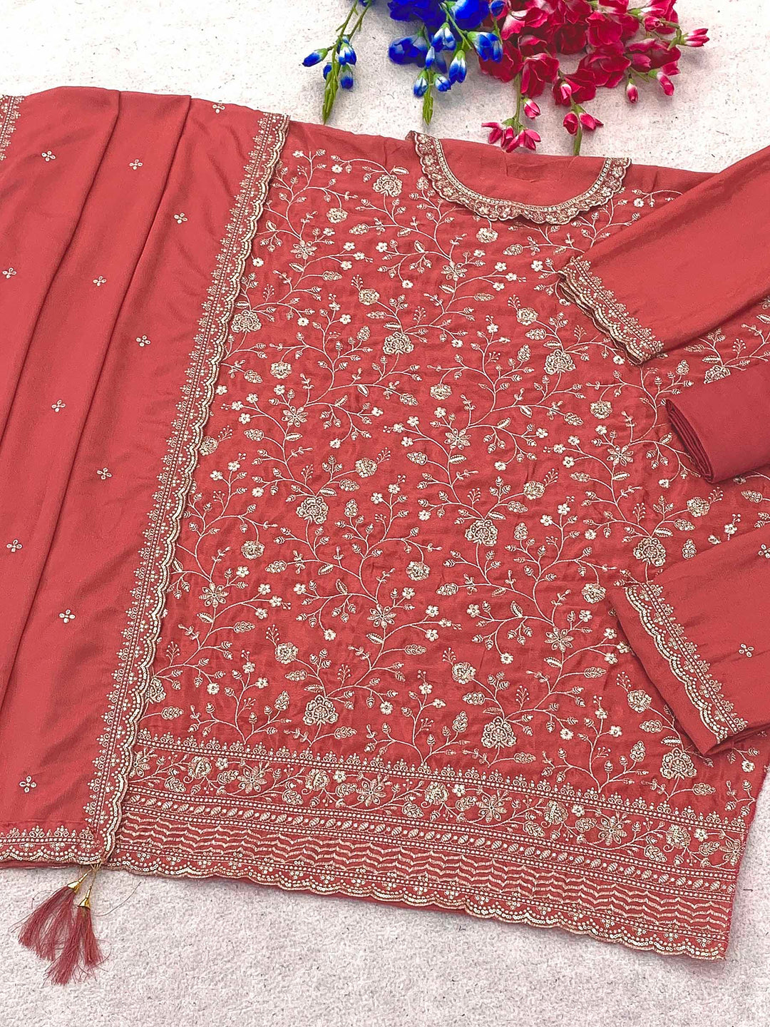 Peach Chinon Embroidered Semi Stitched Straight Kurta With Flared Sharara &amp; Dupatta