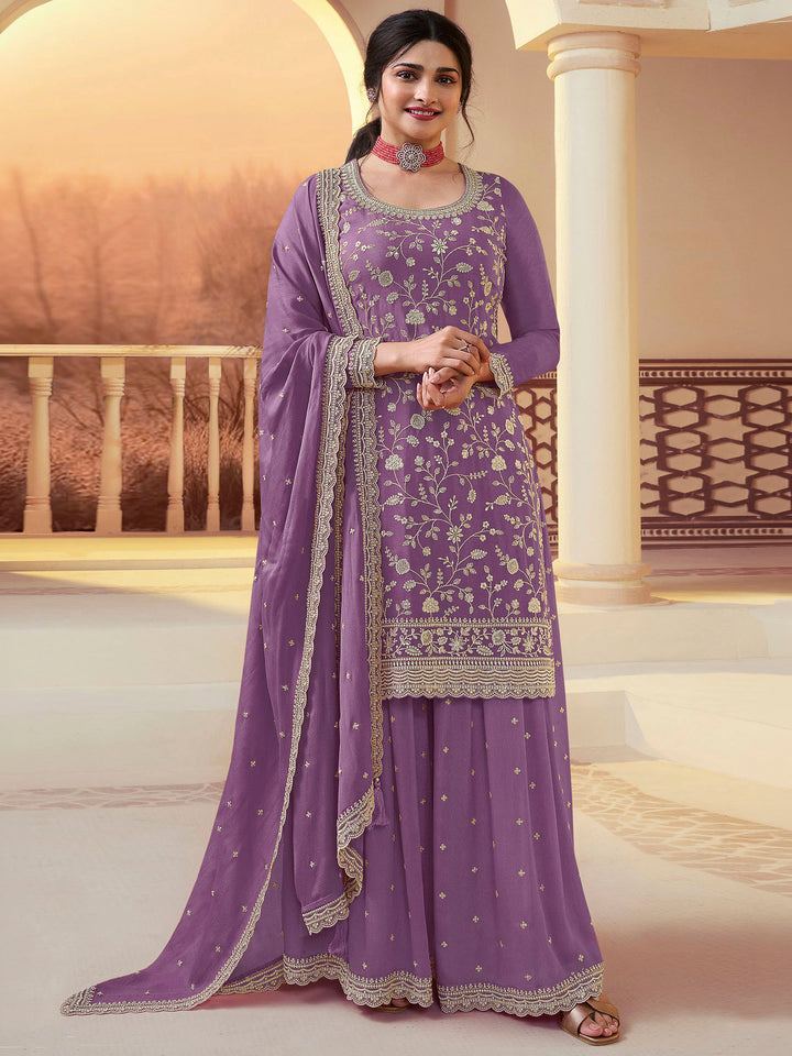 Purple Chinon Embroidered Semi Stitched Straight Kurta With Flared Sharara &amp; Dupatta