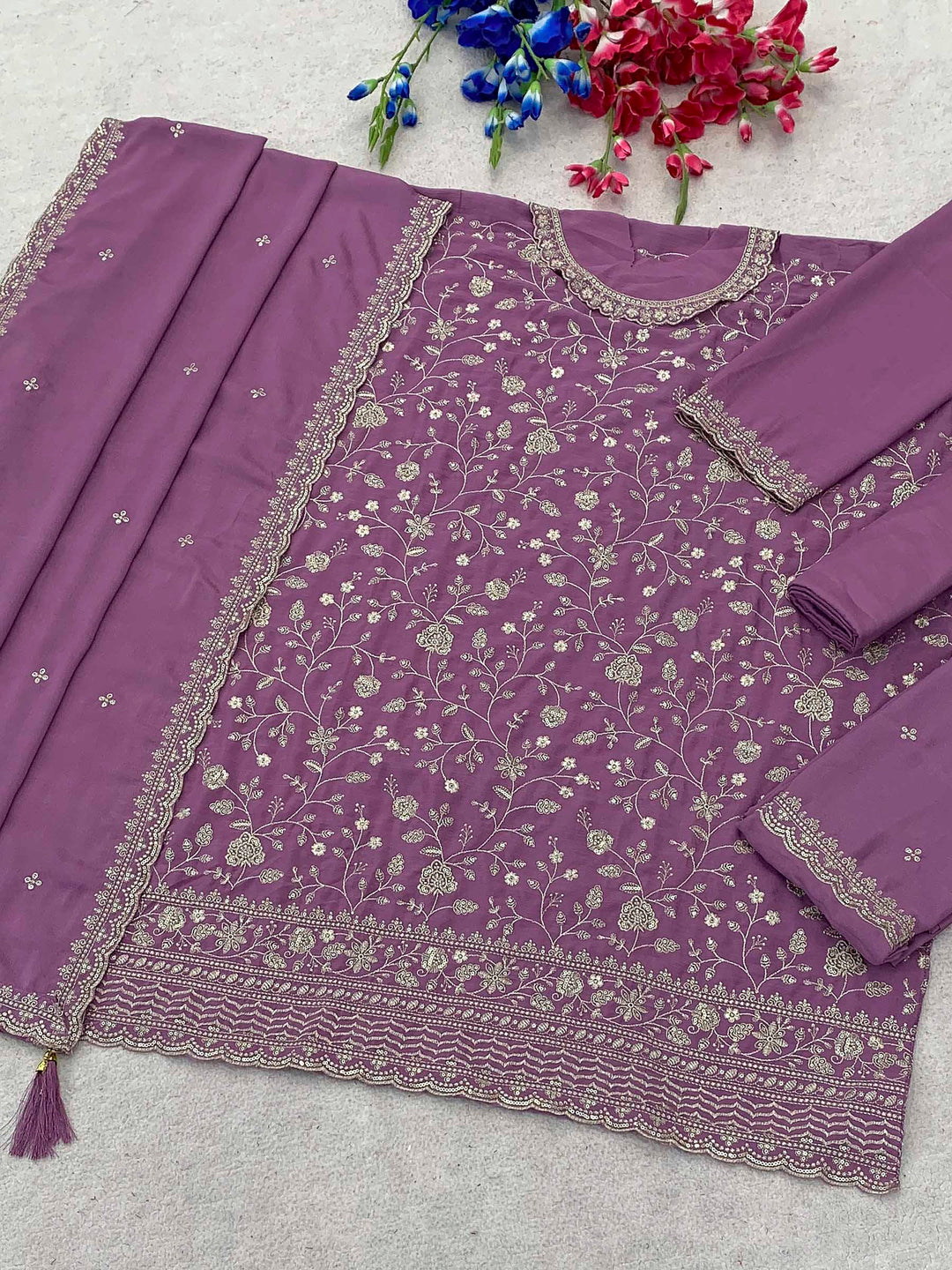 Purple Chinon Embroidered Semi Stitched Straight Kurta With Flared Sharara &amp; Dupatta