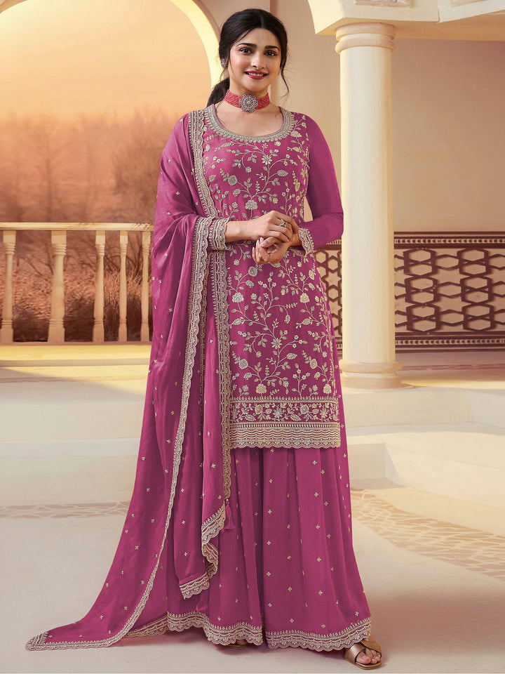 Purple Chinon Embroidered Semi Stitched Straight Kurta With Flared Sharara &amp; Dupatta